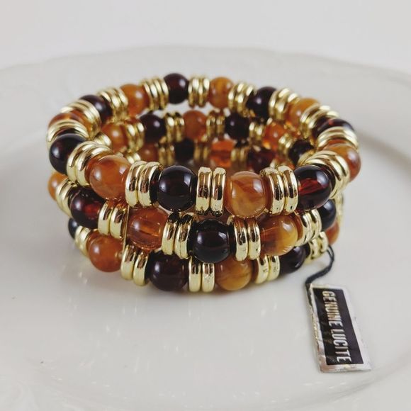 Vintage Lucite 3 Strand Orange Gold Stretch Bracelet NWT - Picture 1 of 7